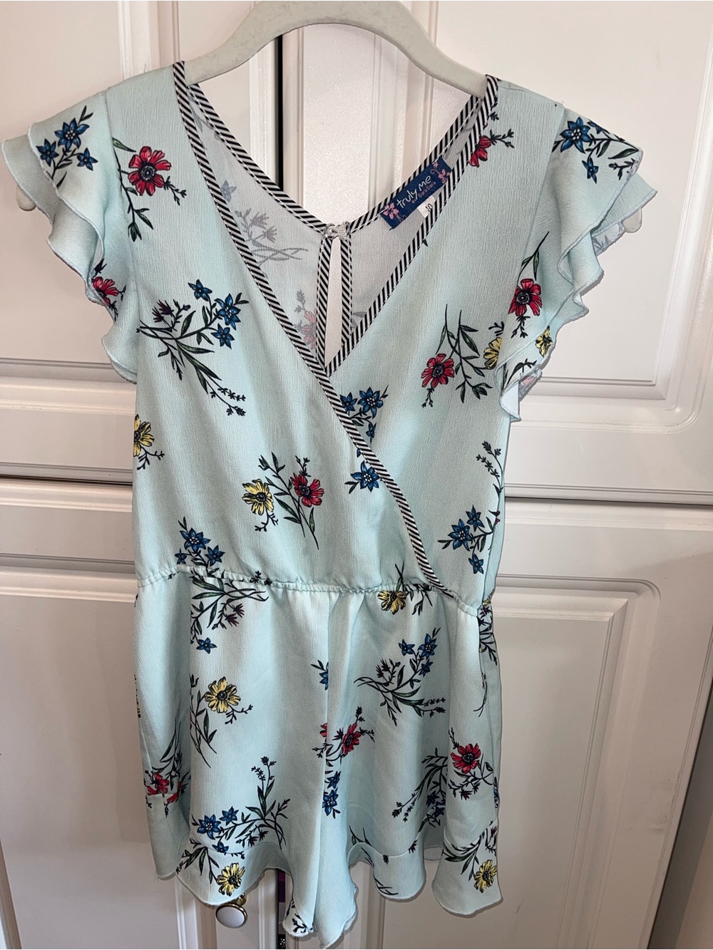 Girls' Romper Light Blue Floral Wrap Modesty Lining - Cute Ruffle Sleeve
